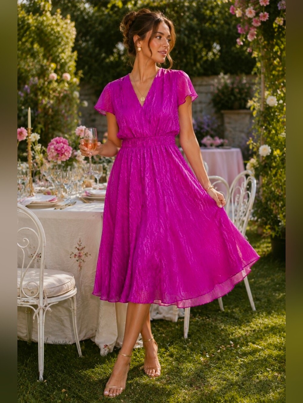 Vintage 80s Pavillion 100% Silk Fuchsia Pink Fit & Flare Midi Dress